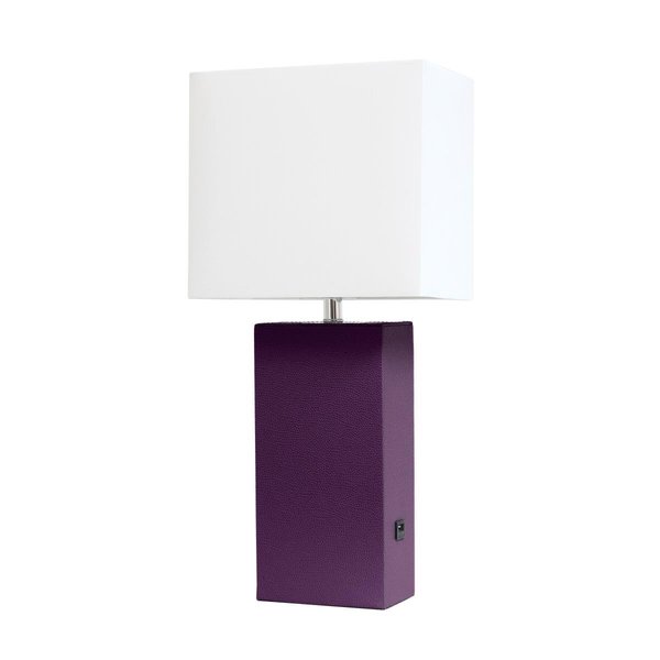 Feeltheglow Modern Leather Table Lamp with USB & White Fabric Shade, Eggplant FE2519844